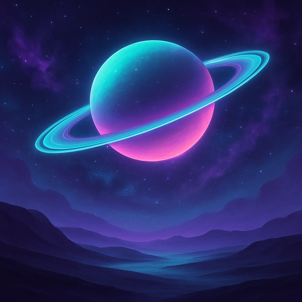 Stylized planet with rings in a cosmic landscape